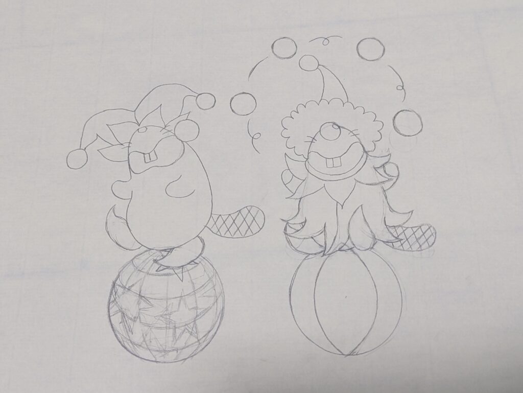 玉乗りするピエロの鉛筆下描き