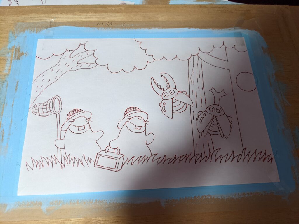 ムシムシ王国のぼうけん下描きを貼った画用紙