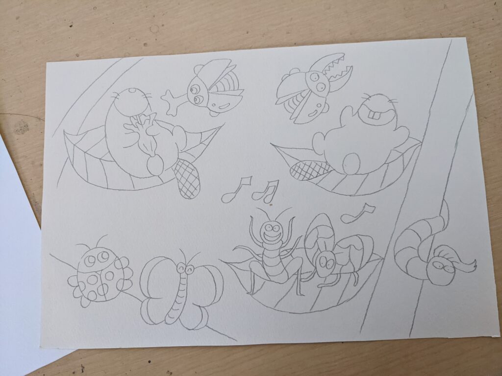 ムシムシ王国のぼうけん画用紙鉛筆画下描き