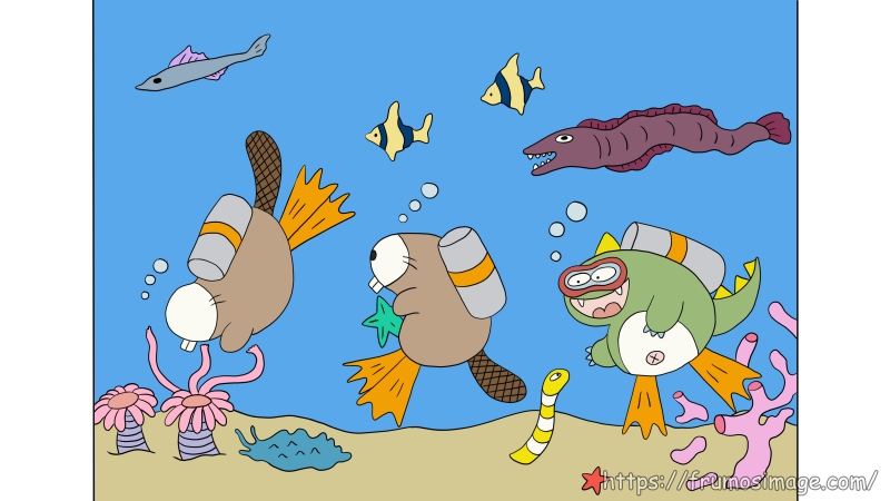 Scene3の元原画。ビーバー兄弟、デブラ、海洋生物の配置が分かる画像