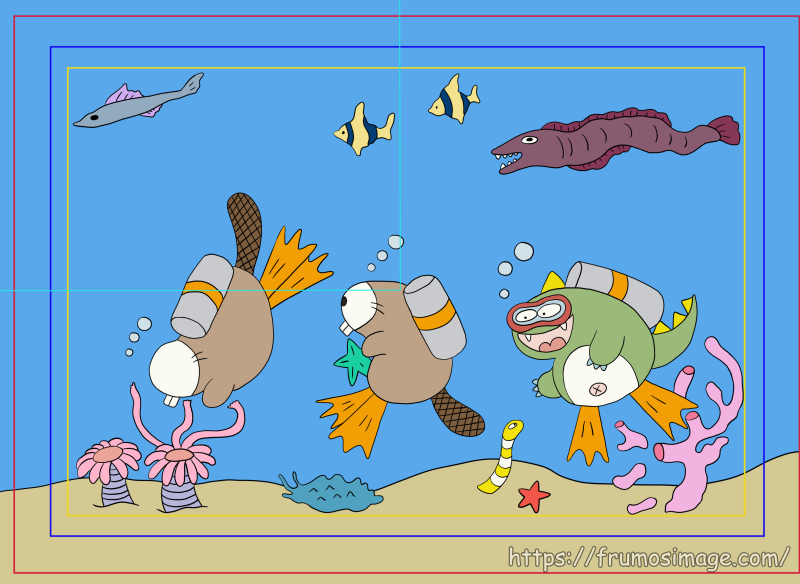 CLIP STUDIO PAINTで印刷用ガイドに原画を当てはめたスクリーンショット