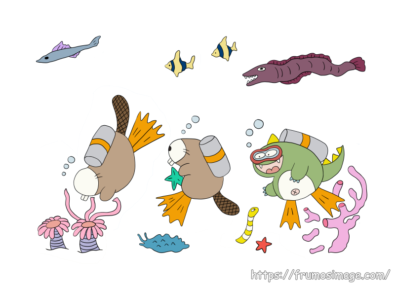元原画に登場する海洋生物とキャラクターを切り抜いた画像